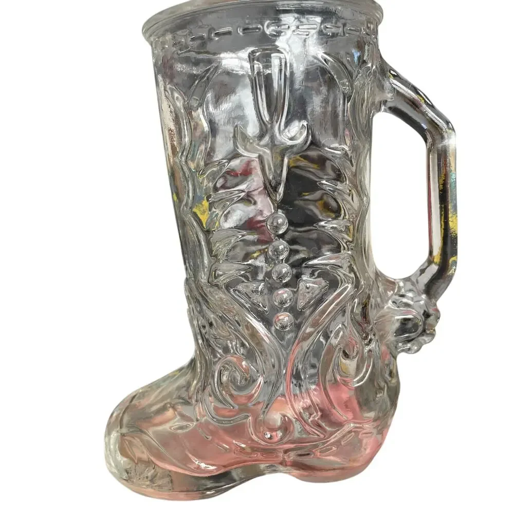 Vintage Clear Glass Cowboy Boot Mug Libbey of Canada Embossed w/ Handle Western